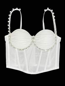 Pearl Dimond Tank Top With Bra Wrinkle Mesh Boned Bustier Tops Sexy Elegant Crop Top Party - White - View 2