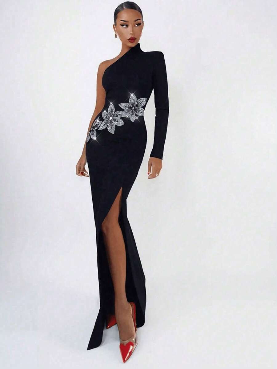 Women's Fashion One Shoulder Maxi Dress Bodycon High Split Crystal Embellished Long Evening Dress Elegant Black Night Out Long Sleeve Cocktail Party Dress Sexy Clothes Fall And Winter - Black - View 1