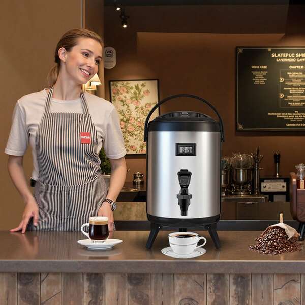 Insulated Beverage Dispenser, 2 Gal/7.6L Stainless Steel Thermal Drink Server With Spigot & Temp Display, Suitable For Hot And Cold Drinks, For Tea Coffee Water In Cafes & Restaurants, Silver