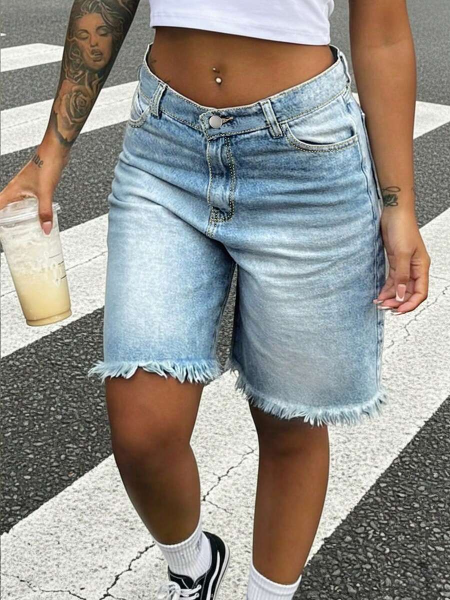 Shorts Shorts de Denim Lavado Sem Elasticidade, Com Bolsos, Estilo Casual de Perna Reta, Verão Feminino - Azul - Visão 1