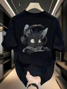 Camiseta de Hombre de Algodón 100% Pesado Anime Gato y Manga Japonesa - Camiseta Casual de Verano con Cuello Redondo y Texto Japonés, Lavable a Máquina, para Fans de Anime y Manga - Negro - Ver 7