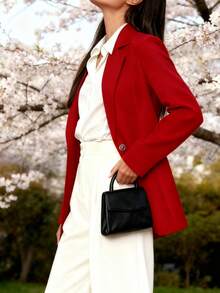 Women's Slim Fit Lapel Single-Button Blazer - Suitable For Both Work And Casual Wear, Solid Color - Đỏ - Xem 3