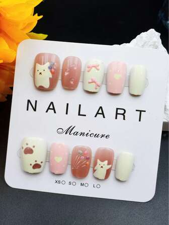 Uñas de arte de belleza hechas a mano, juego de 10 piezas, color oro rosa, forma trapezoidal corta, estilo de fragancia, uñas con puntas francesas, uñas postizas, uñas de Año Nuevo, uñas de San Valentín, uñas de luz UV, uñas de verano, arte de uñas portátil, diseño elegante y generoso, estilo francés de alta gama, esmalte de gel, efecto flash, efecto de ojo de gato, brillo metálico