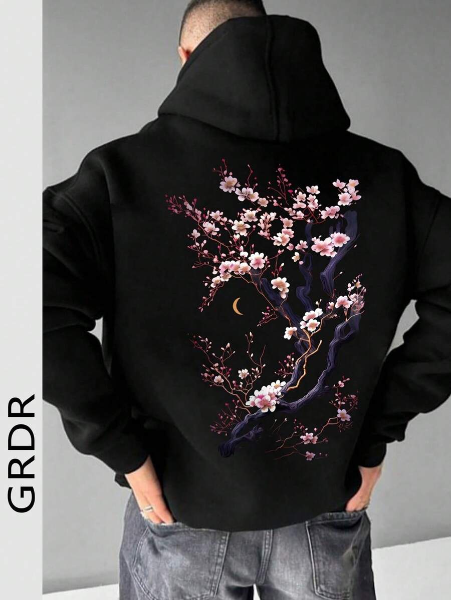 男士休闲樱花印花带口袋连帽衫，秋冬 - 黑色 - 查看 1