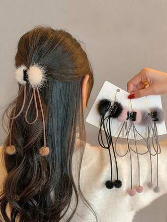 Small Fluffy Claw Clip, Women's Ponytail Hair Clip, Hair Accessory With Tassel Women Hair Claws Fashion Hair Clutch