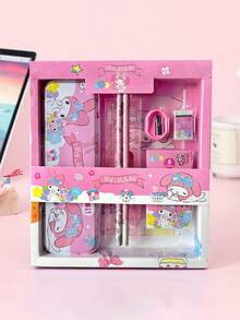 Sanrio Hello Kitty & Kuromi 卡通人物文具礼盒套装，包含铅笔、笔记本、卷笔刀、铅笔盒、尺子、橡皮和蜡笔，三丽鸥正版授权
