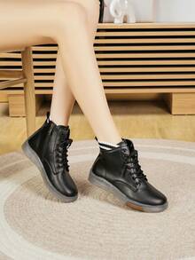 女士厚底系带踝靴，时尚百搭防滑耐穿舒适高帮休闲鞋，软底轻便侧拉链靴，秋冬款