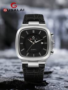GUSALAI GUSALA 1pc Boxed Men's Niche Premium Minimalist Square Case Casual Business PU Leather Strap Watch, Suitable For Daily Wear, Holiday Gift, Christmas, Year-End - Black - View 4