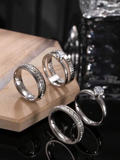 4pcs Fashionable Stainless Steel Men's Ring Set, Includes Cut Roman Numeral & Rhinestone Elements, Suitable For Men's Daily Wear, Festivals, Dates, Engagements, Weddings, Gift Jewelry