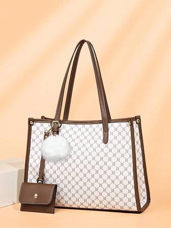 Large Capacity Patterned Tote Bag With Small Pouch