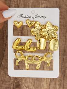 10pcs/Set Fashionable & Sweet Bow, Heart, Flower Square Stud Earrings Set, Suitable For Women's Daily Wear, Outfit Matching, Party, Dating, Gift For Mom Or Girlfriend (No Card Paper) - Gold - View 2