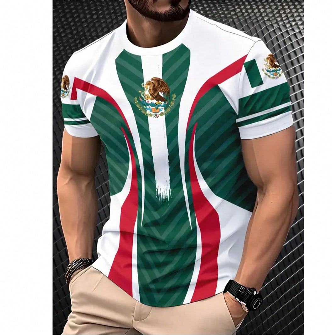 Camiseta de cuello redondo de manga corta casual con estampado patriótico 3D para hombres, mezcla de poliéster, tela de punto elástica y ligera, aj