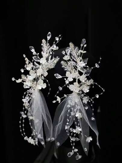 2个水晶花朵水钻流苏新娘发夹，水晶花朵流苏伴娘发饰，适合婚礼、新娘和伴娘发饰