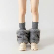 Women's Winter Knit Leg Warmers Solid Color Ribbed Furry Patchwork Casual Scrunch Leg Socks Boot Socks - Grey - View 2