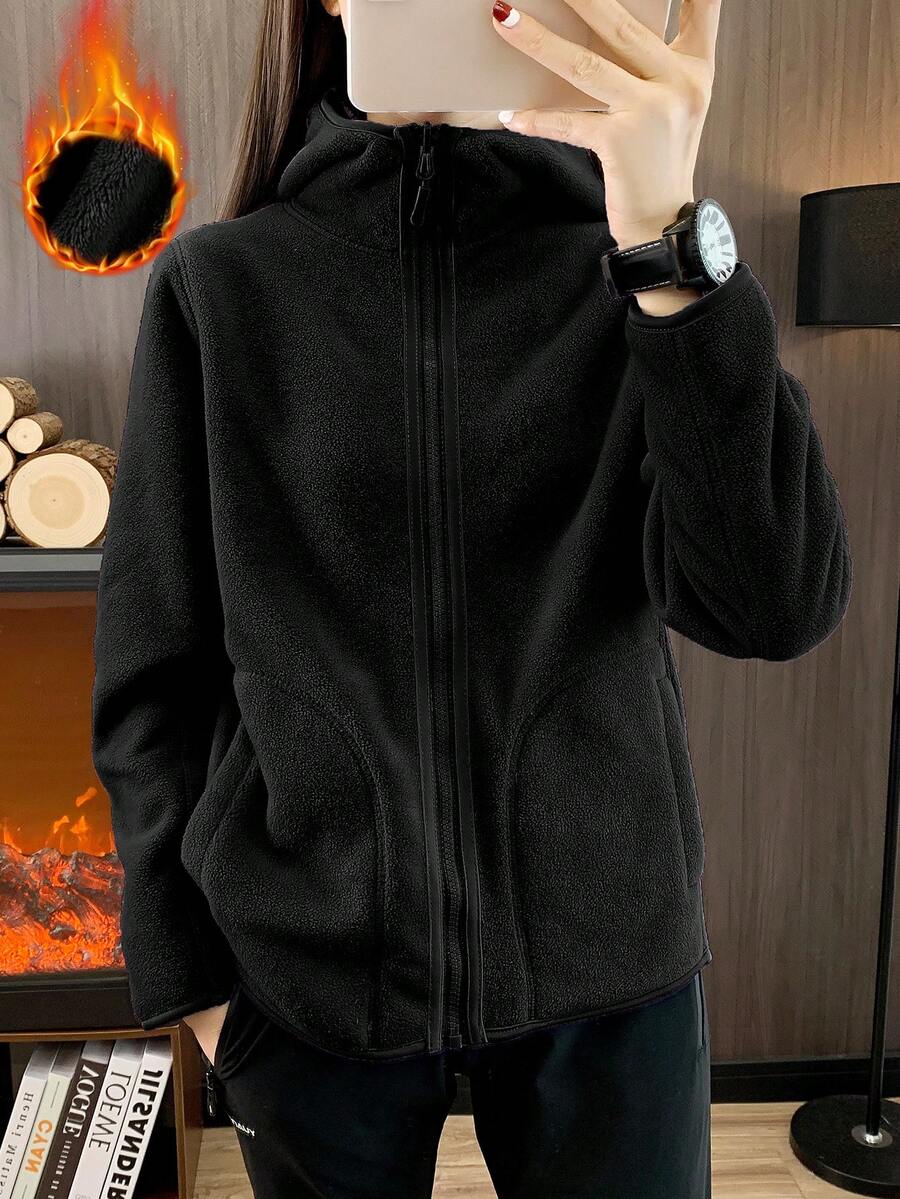 女士宽松双面连帽抓绒外套，保暖休闲，适合居家、户外、徒步、秋冬季穿着，黑色 - 黑色 - 查看 1