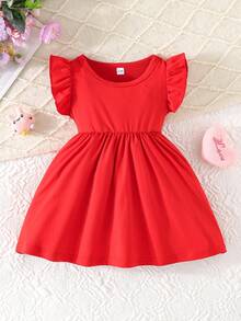3pcs/Set Cute Casual Cartoon Cat & Heart Pattern Ruffle Sleeve Dress Set For Baby Girls, Suitable For Daily Wear And Outdoor In Summer - Red - View 3
