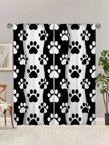 2pcs Art Deco Style Dog Paw Print Pattern Doorway Curtains,Without Holes Curtain,Refer To Bedroom Office Kitchen Living Room Study Home Decor - Multicolor - View 5