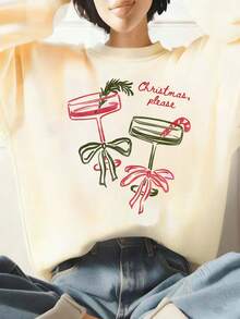 Apricot Crewneck Sweatshirt, Stylish And Versatile, Featuring Cocktail Details, A Bow, And Christmas Elements. Merry Christmas!