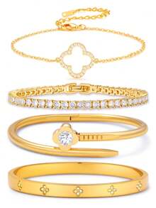 Shiny Fashion Four-Leaf Clover Nail-Shaped Zirconia Inlaid Bangle Bracelet Set, Stainless Steel, Versatile, Suitable For Daily Wear, Couples, And Gifts - Yellow Gold - View 2
