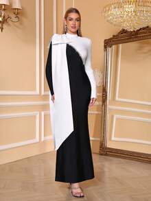 Love Aing فستان مخطط أسود وأبيض للسيدات، فستان طويل، فيونكة أنيقة، فاخر وأنيق، حفل رسمي، مصنوع يدويًا بالماس، ملابس رأس السنة، مناسبة احتفالية، كريم، فستان لضيف الزفاف، فستان طويل لمناسبة رسمية - أبيض وأسود - مشاهدة 4