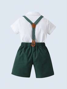 2pcs Young Boys Gentleman Outfit - Short Sleeve Collared Shirt With Bow Tie And Suspender Shorts, Fashionable & Stylish For Birthday Party, Wedding, Daily Wear