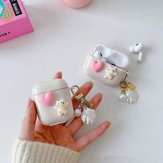 1pc Cute Cartoon Cat Heart Shockproof Earphone Case + Faux Pearl Shell Pendant Bluetooth Earphone Case Compatible With Apple 1st/2nd/3rd/Pro/Pro 2nd Generation, Creative Design For New Pro 3