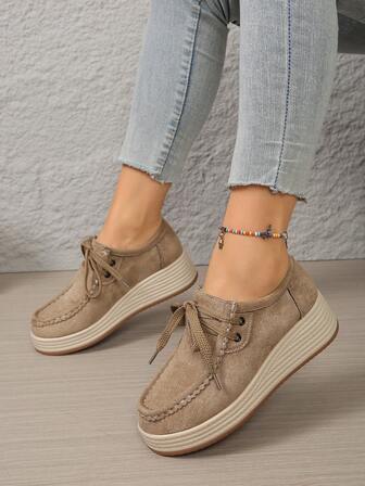 Zapatillas deportivas casuales de mujer con cordones y puntera redonda, mocasines deportivos de unicolor