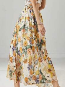 女士油画印花优雅A字裙，波西米亚风格，涤纶面料，无弹力，适合春夏穿着 - 黃色 - 查看 3