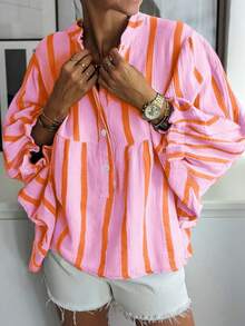 1pc Women's Casual V-Neck Ruffle Sleeve Striped Print Loose Blouse, Spring/Summer/Autumn, Pink & Blue - Pink - View 8