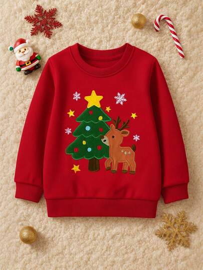 Sudadera navideña para niños, cuello redondo de algodón con estampado de árbol de Navidad y renos, estilo básico para otoño/invierno