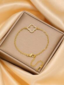 Shiny Fashion Four-Leaf Clover Nail-Shaped Zirconia Inlaid Bangle Bracelet Set, Stainless Steel, Versatile, Suitable For Daily Wear, Couples, And Gifts - Yellow Gold - View 14