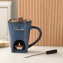 陶瓷釉面巧克力火锅杯套装，含1个叉子，个人火锅杯，可融化巧克力、奶酪、黄油，适合家庭聚会和婚礼使用。 - 窯變藍色 - 查看 3