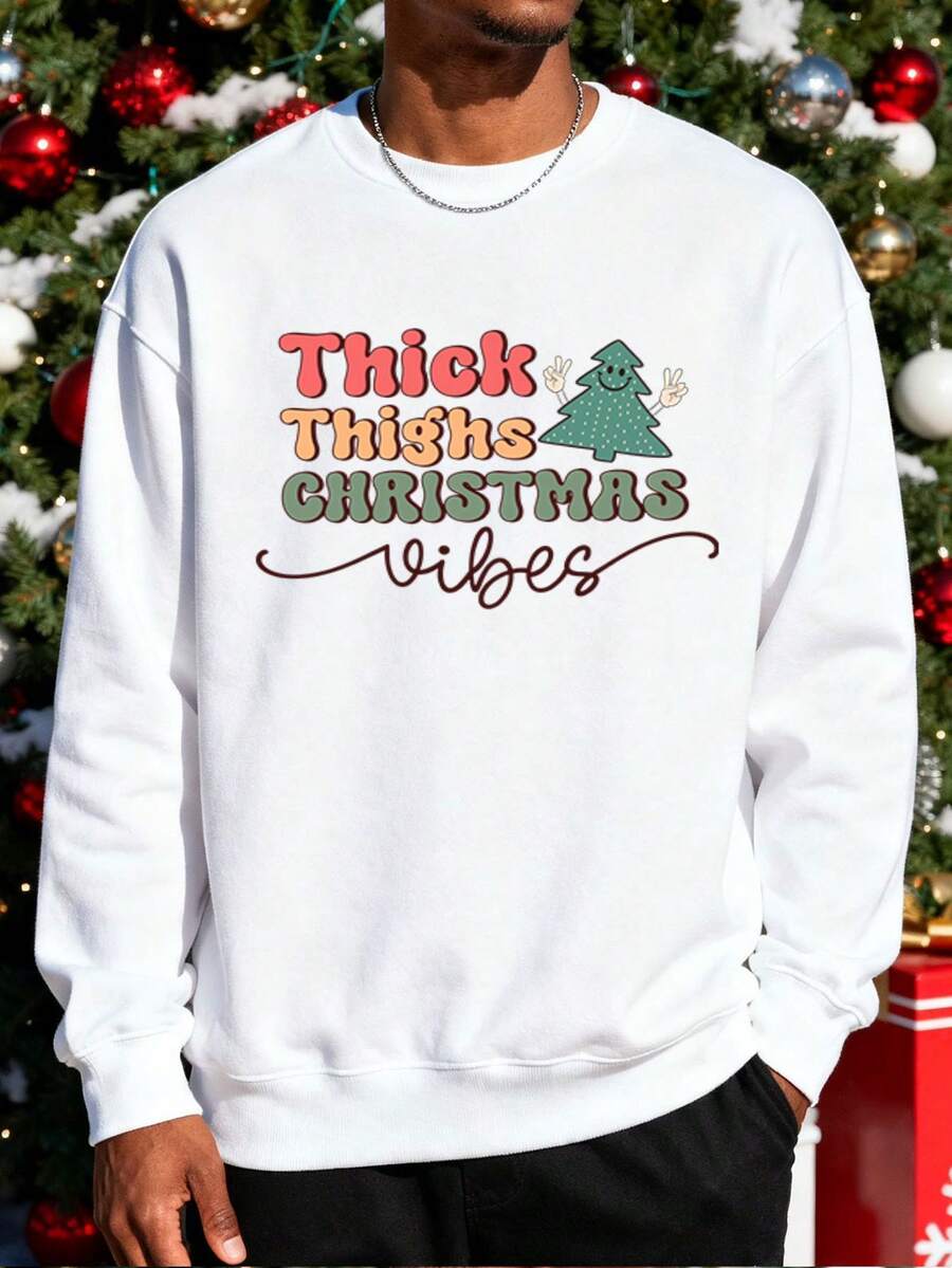 Sweatshirt con estampado de árbol de Navidad y texto "Thick Thighs Christmas Vibes", para hombres, adecuado para fiestas de Navidad, reuniones familiares, look casual, regalo para él, cómodo y trendy - Blanco - Ver 1