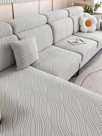 1 pieza Funda elástica para sofá de color gris claro con patrón de línea ondulada 3D floral de unicolor, sin relleno, estilo minimalista moderno, cómoda y suave funda para cojín de asiento de sofá, se ajusta a sofá de 3 plazas en forma de L, sofá de 2 plazas