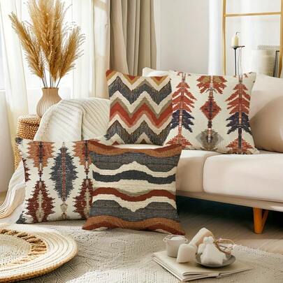 4Pcs Fashionable Bohemian Single-Side Print Throw Pillow Covers - 17.7*17.7 Inches, A Vibrant Art Abstract Geometric Cushion Cover For Farmhouse Decoration, Perfect For Terraces, Sofas, Outdoor Use, Polyester Fiber With Zipper, No Pillow Core Included