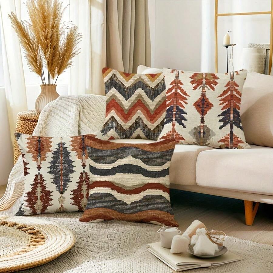 4Pcs Fashionable Bohemian Single-Side Print Throw Pillow Covers - 17.7*17.7 Inches, A Vibrant Art Abstract Geometric Cushion Cover For Farmhouse Decoration, Perfect For Terraces, Sofas, Outdoor Use, Polyester Fiber With Zipper, No Pillow Core Included - Multicolor - View 1