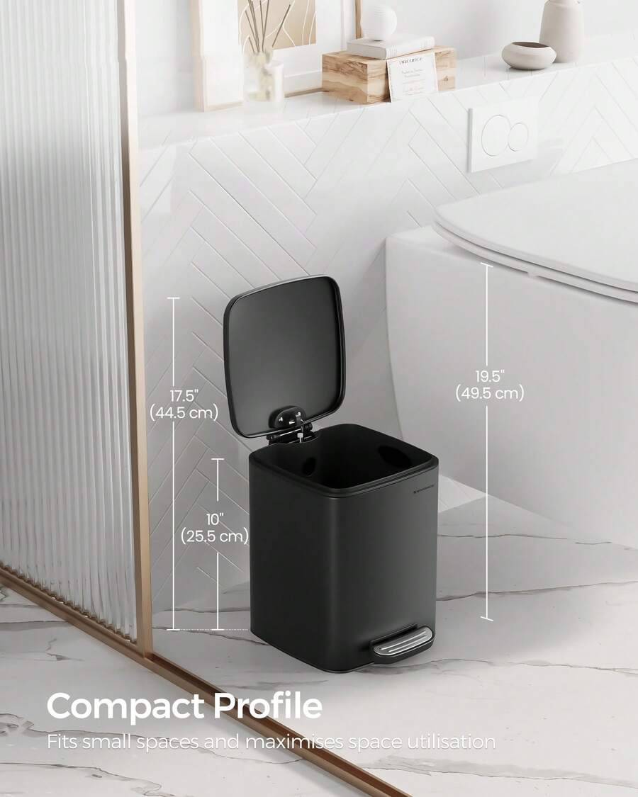 Kitchen Bin, 1.6-Gallon (6 L) Trash Bin, Steel Pedal Bin, With Inner Bucket, Soft Close And Stays Open, Ink Black - Black - View 1