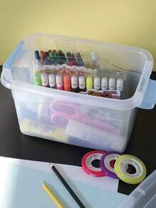 4pcs Desk Storage Display Boxes - Capacity 0.5L/0.6L/0.7L/0.8L - Blue Transparent Boxes With Handles (A: 13.7*10.5*7.5cm, B: 15*11.3*8.3cm, C: 17*11.9*8.8cm, D: 18.5*13.3*9.4cm)