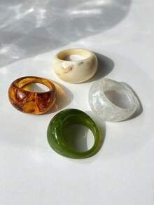 4件套创意秋冬扎染几何不对称弧形树脂戒指套装，时尚经典可爱饰品，适合女性参加派对和日常佩戴，粗犷玳瑁饰品 - 多色A - 查看 4