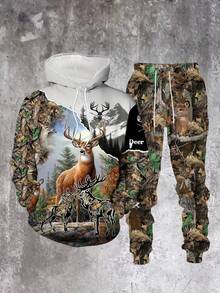 Spring And Autumn Men's Casual Hooded Sweatshirt And Sweatpants Two-Piece Set High-End Forest Style Animal Print - 風格 - 查看 3