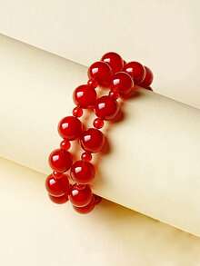 1件 时尚红色串珠双圈叠戴手链，幸运圆珠手链配饰 - 彩色 - 查看 2