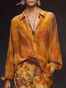 Women's Fashionable Casual Tie-Dye Print Open Front, Lantern Sleeve Blouse, Daily Commute, Spring/Summer New - Coral Orange - View 2