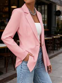 Women's Slim Fit Lapel Single-Button Blazer - Suitable For Both Work And Casual Wear, Solid Color - 粉色 - 查看 2