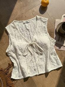 Rusttydustty Women's Young College Vintage Resort Bohemian Apricot Knitted Jacquard Tie-Up Vest - Apricot - View 2