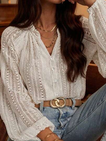 EARO 女式法式 V 领透视镂空长袖衬衫，宽松百搭优雅纹理设计