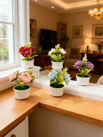 3-Stem Small Potted Junzi Chrysanthemum 1pc Artificial Flower Decoration For Office Desk, Photography Styling Prop & Greenery Bonsai