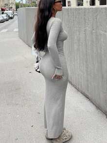 Elegant Long Sleeve Fitted Dress - Ribbed Knit Fabric, Round Neck Design, Slim Fit, Easy To Create Fashionable Look. Tip: For A More Fitted Effect, It Is Recommended To Choose One Size Smaller. - Grey - View 3