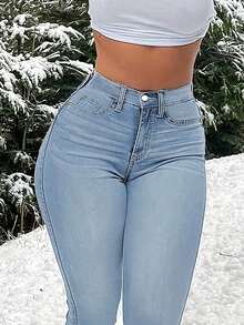 畅销提臀修身休闲通勤女式牛仔裤，四季皆宜，春季款 - 淺色水洗藍 - 查看 3