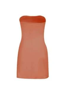 Vestido sin tirantes de unicolor minimalista y sexy de moda para mujer, otoño - Naranja - Ver 7