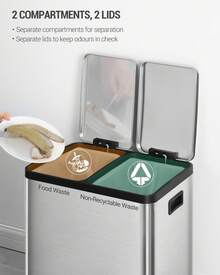 HEXCELEN Kitchen Waste Bin, Waste Separation System 2 Compartments 30L (2 X 15L), Stainless Steel Kitchen Waste Bin, Pedal Bin With Color-Coded Pedals, Quiet Slow-Descent Waste Bin, Silver - Bạc - Xem 6